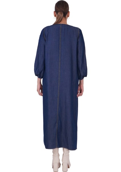 Büyük Beden Çiçek Motifli Küpür Detay Ince Kot Salaş Uzun Kadın Elbise modelleri