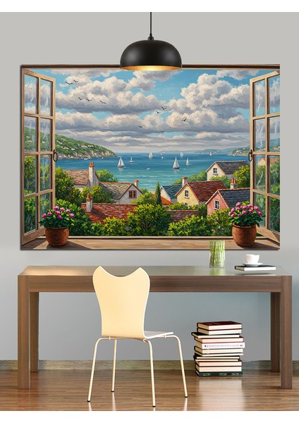 Toskana Manzarası Evler Ağaçlar Dekoratif Kanvas - Mdf Ahşap Tablo