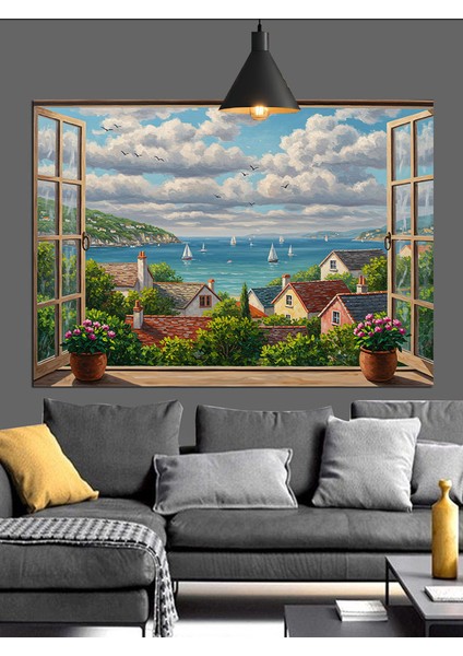 Toskana Manzarası Evler Ağaçlar Dekoratif Kanvas - Mdf Ahşap Tablo fırsatları