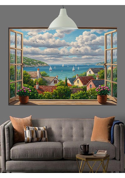 Toskana Manzarası Evler Ağaçlar Dekoratif Kanvas - Mdf Ahşap Tablo indirimleri