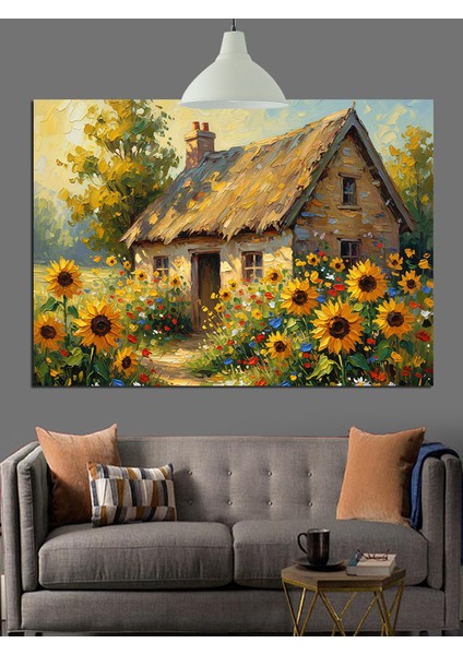 Ayçiçekli Taş Ev Kulübe Dekoratif Kanvas - Mdf Ahşap Tablo