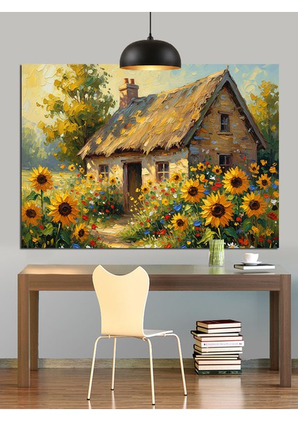 Ayçiçekli Taş Ev Kulübe Dekoratif Kanvas - Mdf Ahşap Tablo fiyatları