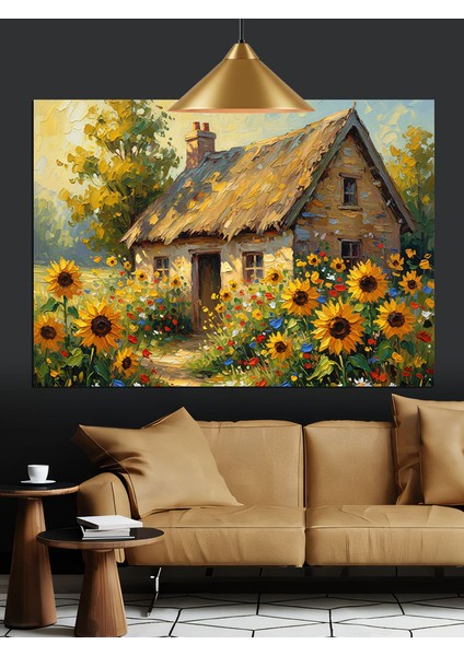 Ayçiçekli Taş Ev Kulübe Dekoratif Kanvas - Mdf Ahşap Tablo fırsatları