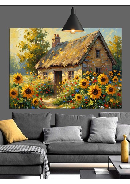 Ayçiçekli Taş Ev Kulübe Dekoratif Kanvas - Mdf Ahşap Tablo indirimleri