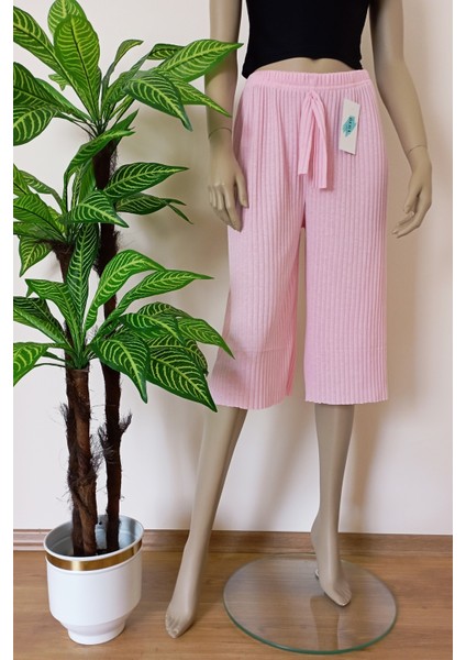 Kadın Fitilli Çizgili Raporlu Pamuklu Bermuda Pantolon