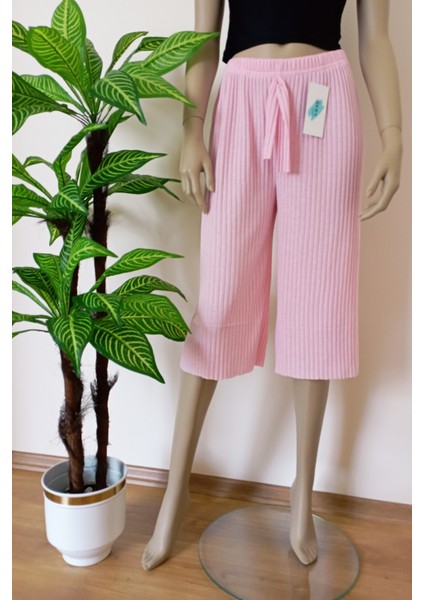 Kadın Fitilli Çizgili Raporlu Pamuklu Bermuda Pantolon