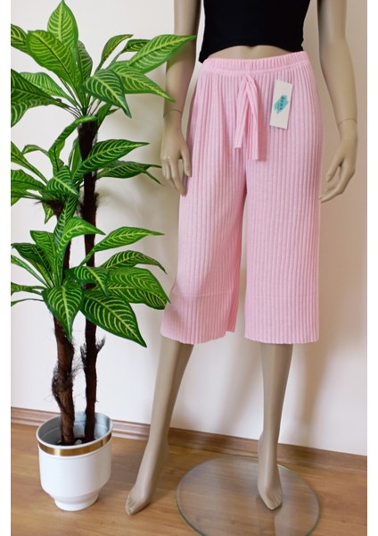 Kadın Fitilli Çizgili Raporlu Pamuklu Bermuda Pantolon