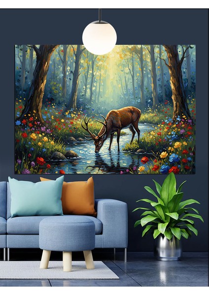 Orman Geyik Ağaç Işıkları Dekoratif Kanvas - Mdf Ahşap Tablo