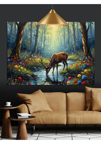 Orman Geyik Ağaç Işıkları Dekoratif Kanvas - Mdf Ahşap Tablo fiyatları