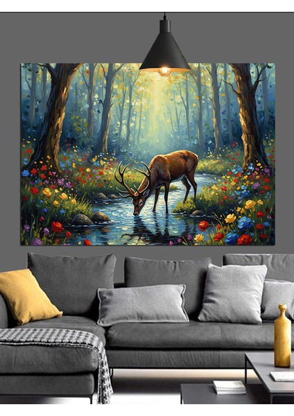 Orman Geyik Ağaç Işıkları Dekoratif Kanvas - Mdf Ahşap Tablo modelleri
