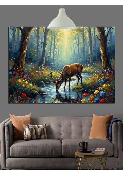 Orman Geyik Ağaç Işıkları Dekoratif Kanvas - Mdf Ahşap Tablo fırsatları