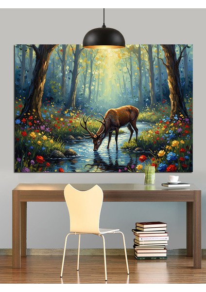 Orman Geyik Ağaç Işıkları Dekoratif Kanvas - Mdf Ahşap Tablo indirimleri
