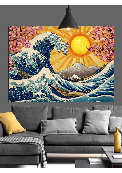 Büyük Dalga ve Güneş Dekoratif Kanvas - Mdf Ahşap Tablo
