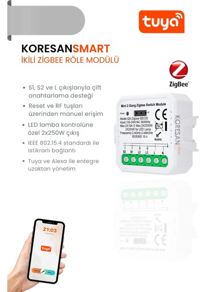 Tuya Mini Ikili Zigbee Röle Anahtar Modülü + Rf Alıcılı modelleri