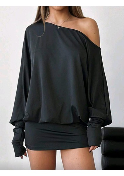 Kadın Düşük Omuz Salaş Yarasa Kollu Mini Elbise fiyatları