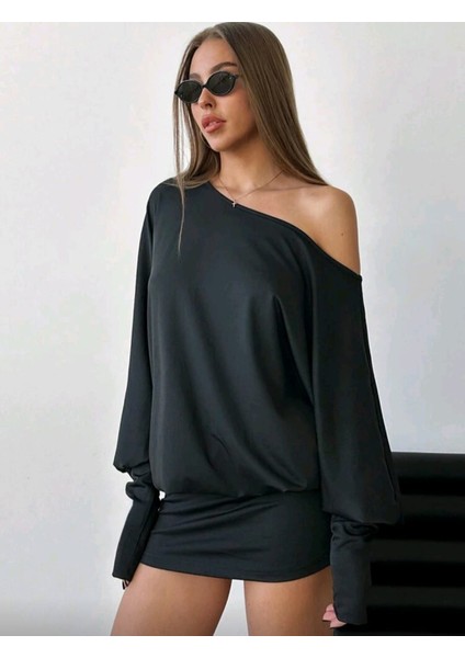 Kadın Düşük Omuz Salaş Yarasa Kollu Mini Elbise fırsatları