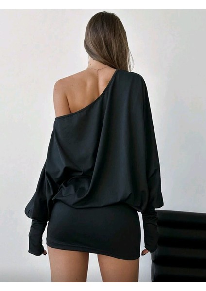 Kadın Düşük Omuz Salaş Yarasa Kollu Mini Elbise indirimleri