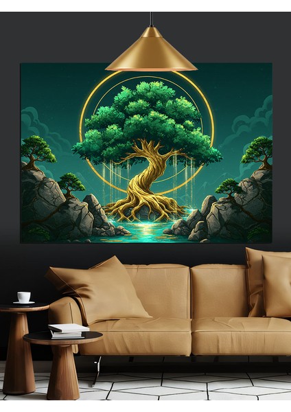 Hayat Ağacı Altında Huzurlu Manzara Dekoratif Kanvas - Mdf Ahşap Tablo