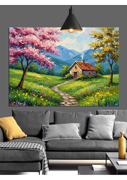 Yeşillik Ev Manzarası Kırsal Dekoratif Kanvas - Mdf Ahşap Tablo