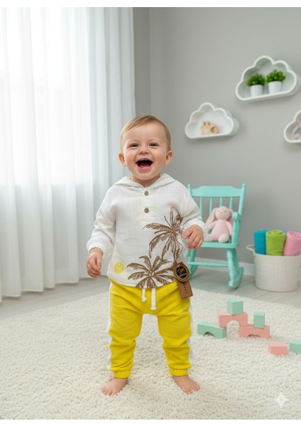 Pamuklu Müslin Kapşonlu Baskılı Bebek Takımı