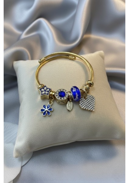 Çelik Kalp Zirkon Taşlı Lacivert Charmlı Bileklik Pndr-Blk-Klp-L