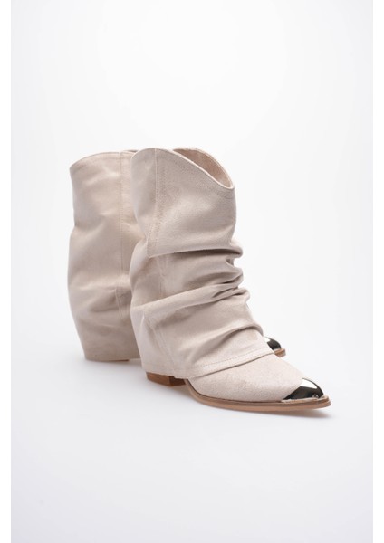 Kadın Süet Bot Körüklü Çekme Platin Detaylı Western Bej Milora