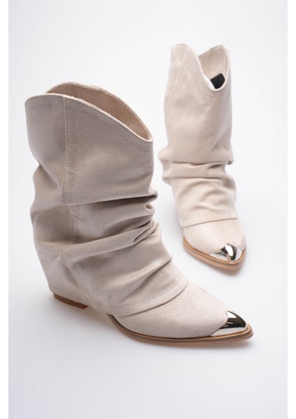 Kadın Süet Bot Körüklü Çekme Platin Detaylı Western Bej Milora fiyatları