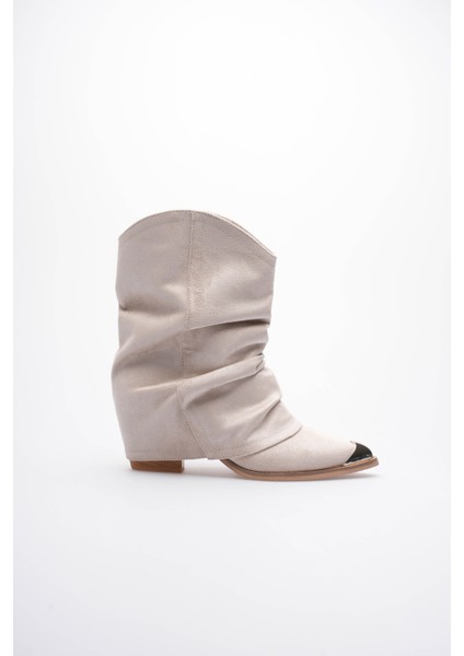 Kadın Süet Bot Körüklü Çekme Platin Detaylı Western Bej Milora modelleri