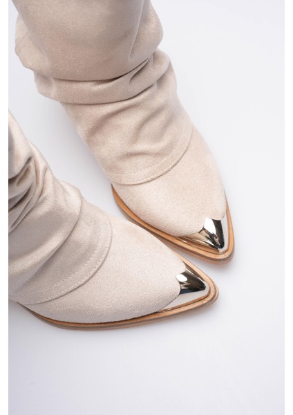 Kadın Süet Bot Körüklü Çekme Platin Detaylı Western Bej Milora fırsatları