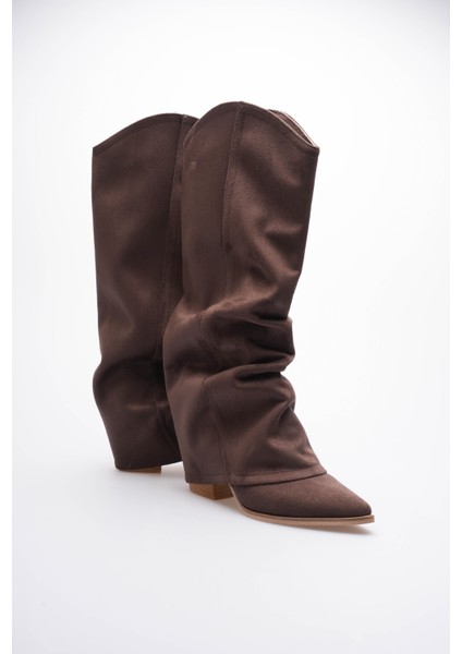 Kadın Süet Çizme Körüklü Çekme Western Kahve Merina