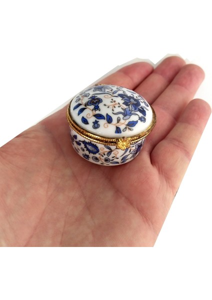 Porselen Işlemeli Likalı Hokka, Şık Kaliteli Zarif Hokka, Mürekkep Kutusu, Yuvarlak Mavi