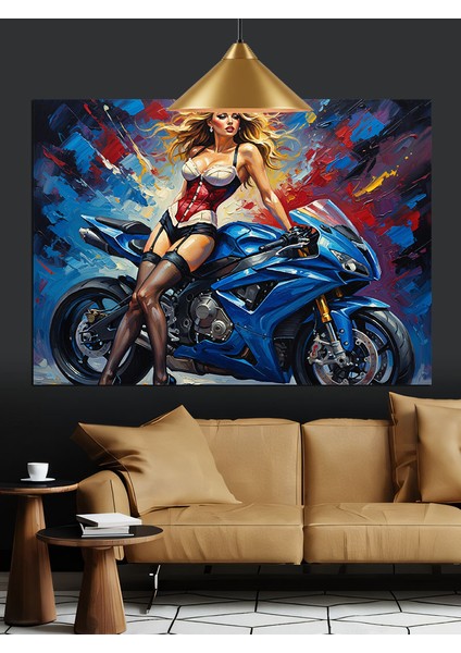 Motosikletli Seksi Kadın Kırmızı Elbise Dekoratif Kanvas - Mdf Ahşap Tablo