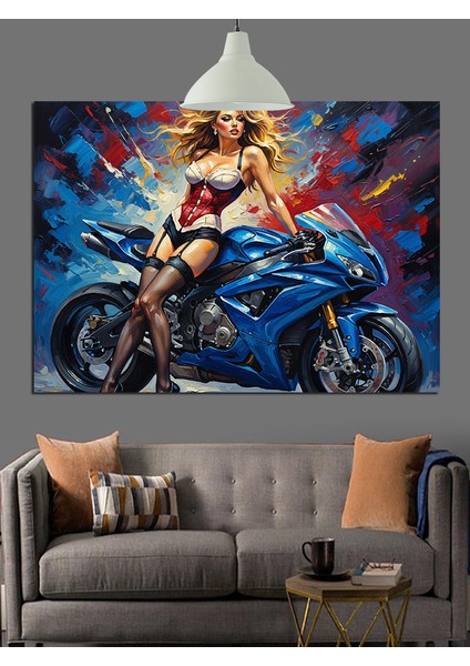 Motosikletli Seksi Kadın Kırmızı Elbise Dekoratif Kanvas - Mdf Ahşap Tablo modelleri