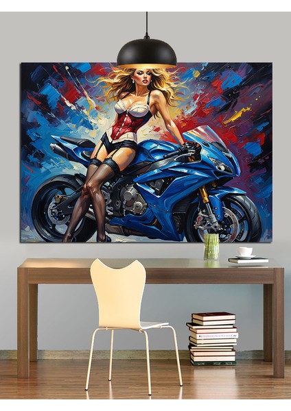 Motosikletli Seksi Kadın Kırmızı Elbise Dekoratif Kanvas - Mdf Ahşap Tablo fırsatları