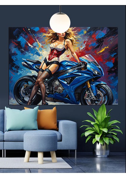 Motosikletli Seksi Kadın Kırmızı Elbise Dekoratif Kanvas - Mdf Ahşap Tablo indirimleri