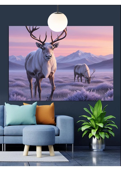 Mor Geyik Kış Manzarası Dekoratif Kanvas - Mdf Ahşap Tablo