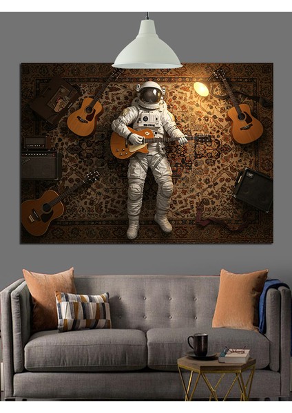 Astronot Gitar Çalan Uzayda Dekoratif Kanvas - Mdf Ahşap Tablo fırsatları
