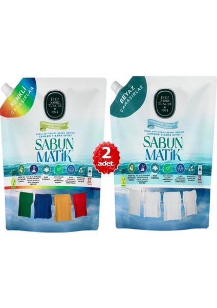 - X2 Adet Sabun Matik™doğal Zeytinyağlı Çamaşır Yıkama Sıvısı Beyaz 1,5 Lt-Renkli 1,5lt