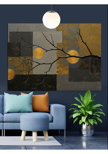 Soyut Ağaç Altın Yapraklar Dekoratif Kanvas - Mdf Ahşap Tablo