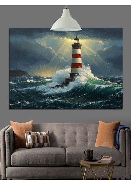 Fırtınalı Denizde Fener Işığı Dekoratif Kanvas - Mdf Ahşap Tablo modelleri