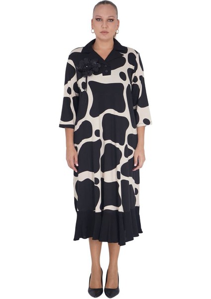 Büyük Beden Çiçek Motifli Desenli Fırfırlı Oversize Uzun Viskon Elbise