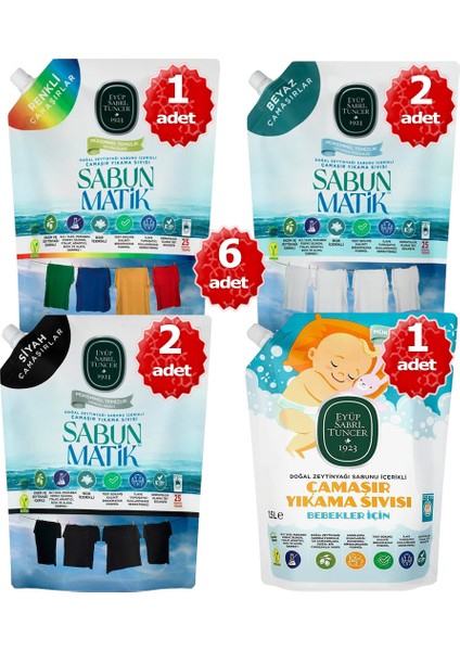 - X6 Adet Sabun Matik™doğal Zeytinyağlı Çamaşır Yıkama Sıvısı X2 Siyah 1,5 Lt- X2 Beyaz 1,5 Lt- X1RENKLI 1,5lt- X1 Bebek