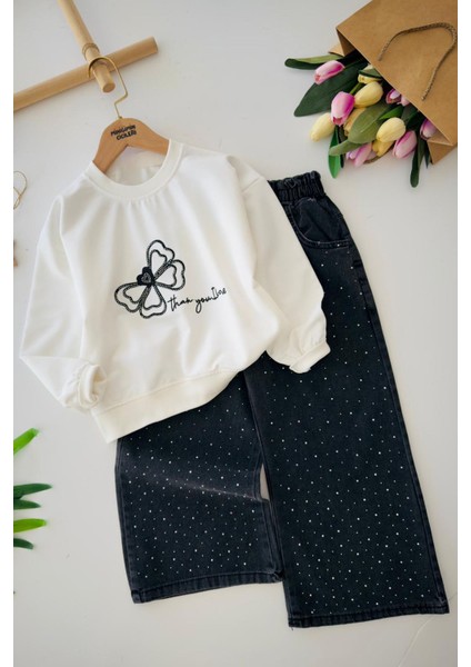 Kelebek Nakış Detaylı Kız Çocuk Bol Taşlı Pantolonlu takım - Siyah