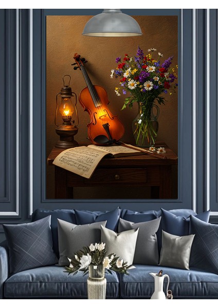 Çiçekler ve Enstrümanlar Dekoratif Kanvas - Mdf Ahşap Tablo