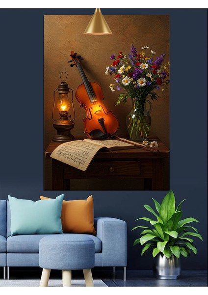 Çiçekler ve Enstrümanlar Dekoratif Kanvas - Mdf Ahşap Tablo modelleri