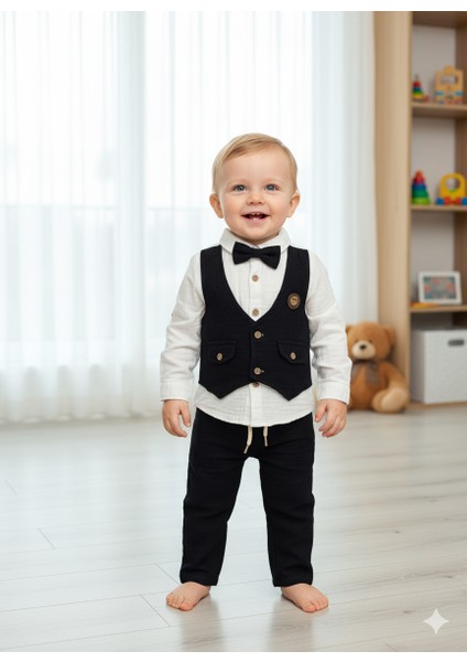 Pamuklu Müslin Papyonlu Bebek Takımı CD05