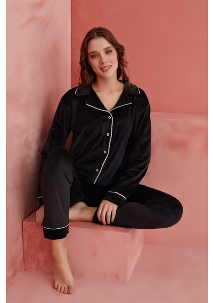 Calia 8705 Kadife Uzun Kollu Gömlek Yaka Düğmeli Kadın Pijama Takımı