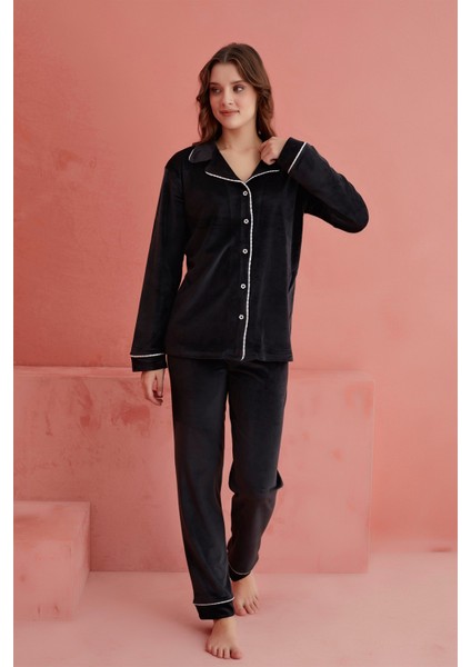 Calia 8705 Kadife Uzun Kollu Gömlek Yaka Düğmeli Kadın Pijama Takımı fiyatları