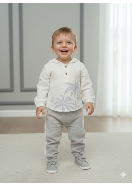 Pamuklu Müslin Kapşonlu Baskılı Bebek Takımı