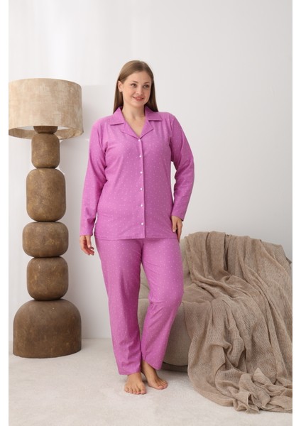 Boyraz Battal Beden Gömlek Yaka Önü Düğmeli Süet Pembe Pijama Takımı